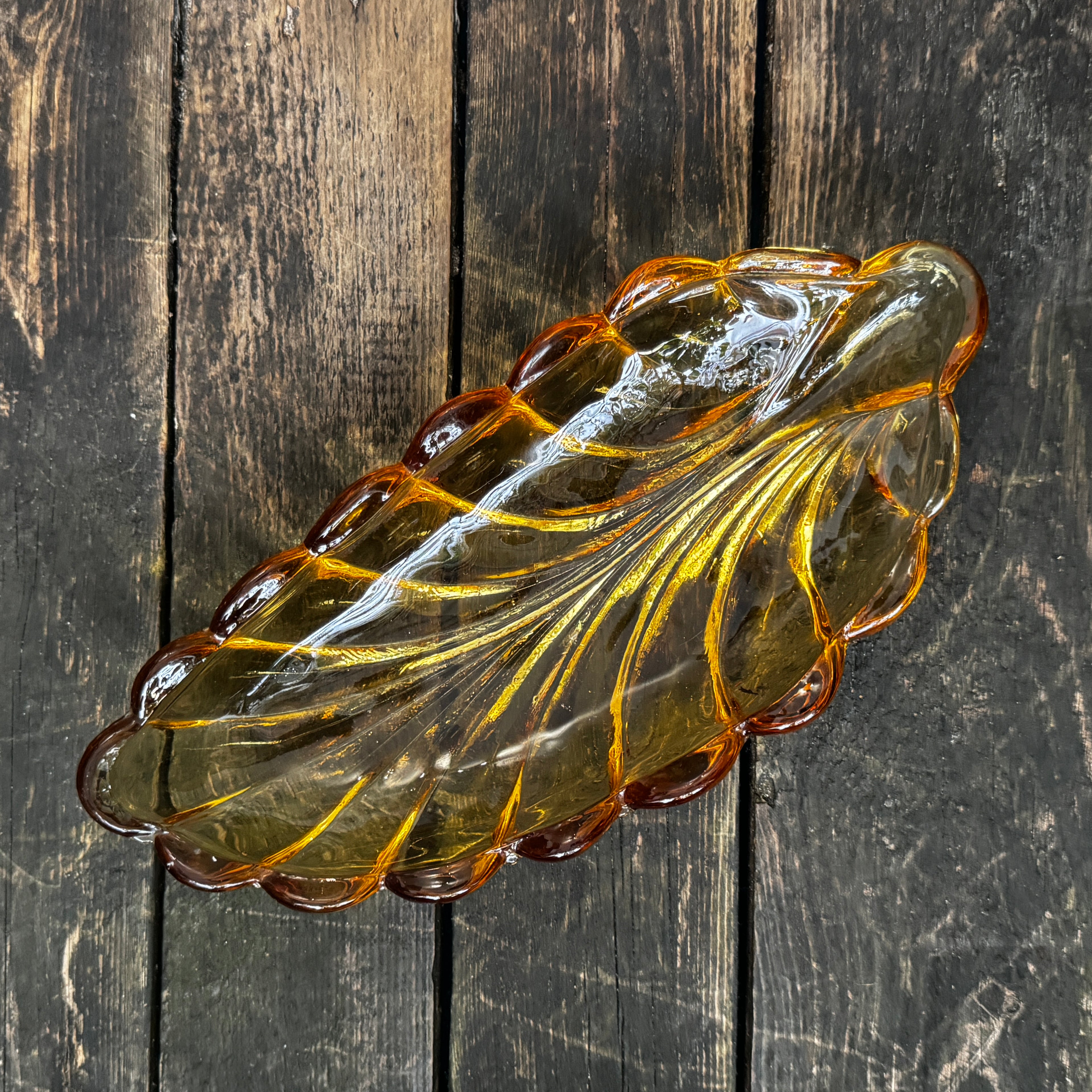 Leaf-formed amber pressed glass Art Deco dish 1930s
