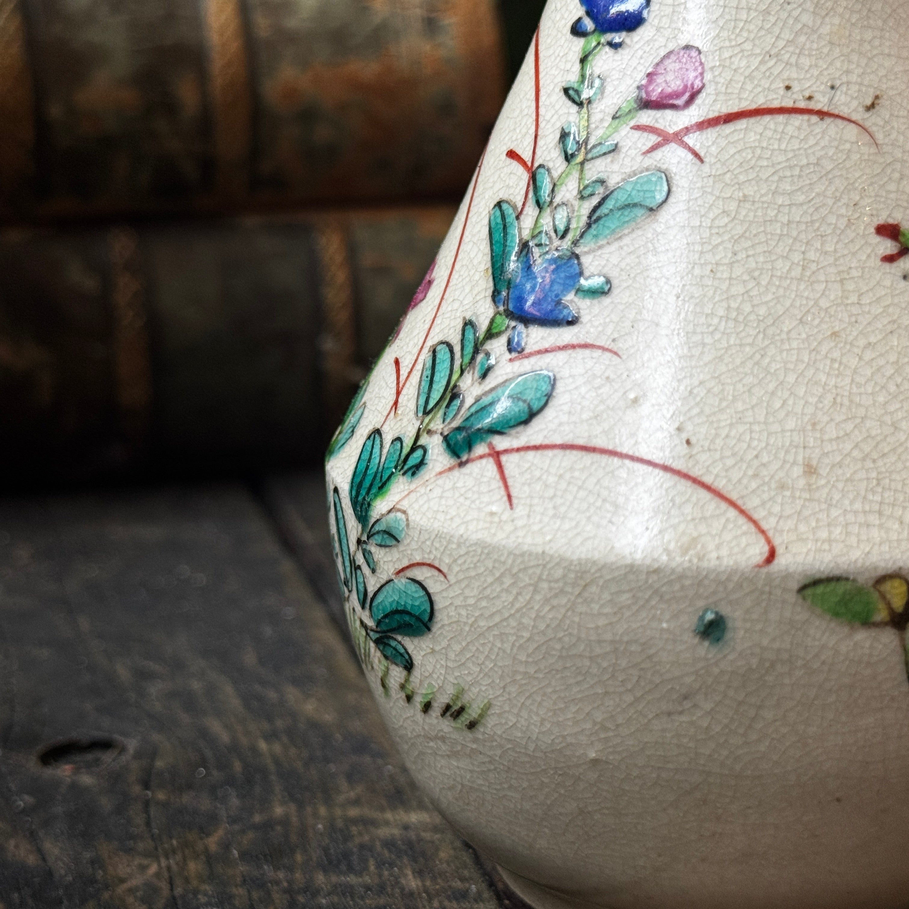 Meiji Period Japanese Satsuma Ware Vase With Cracked Glaze & Hand-Painted Floral Design