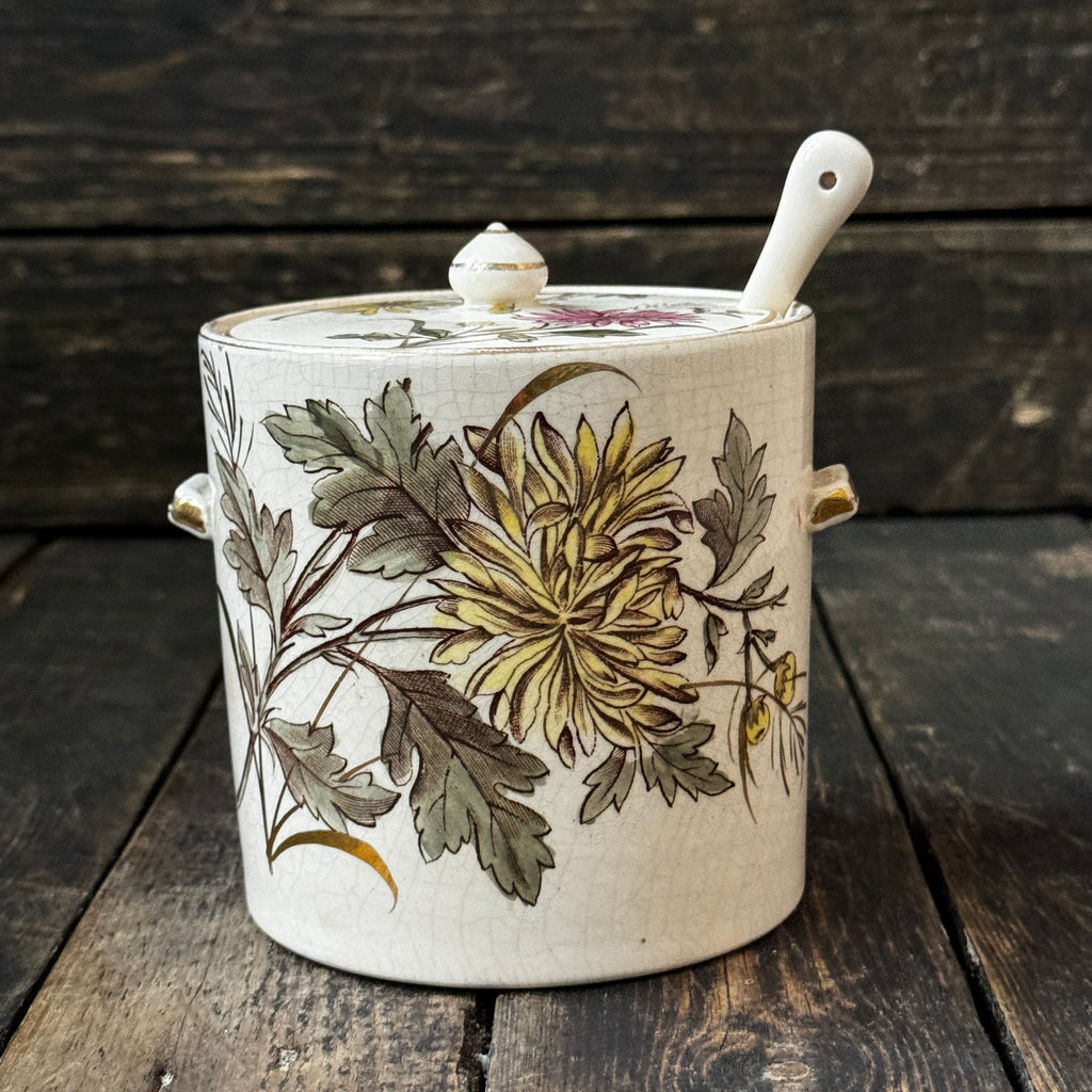 Hand-Painted Chrysanthemum Crackle Glaze Preserve Jar, Lid & Spoon Set