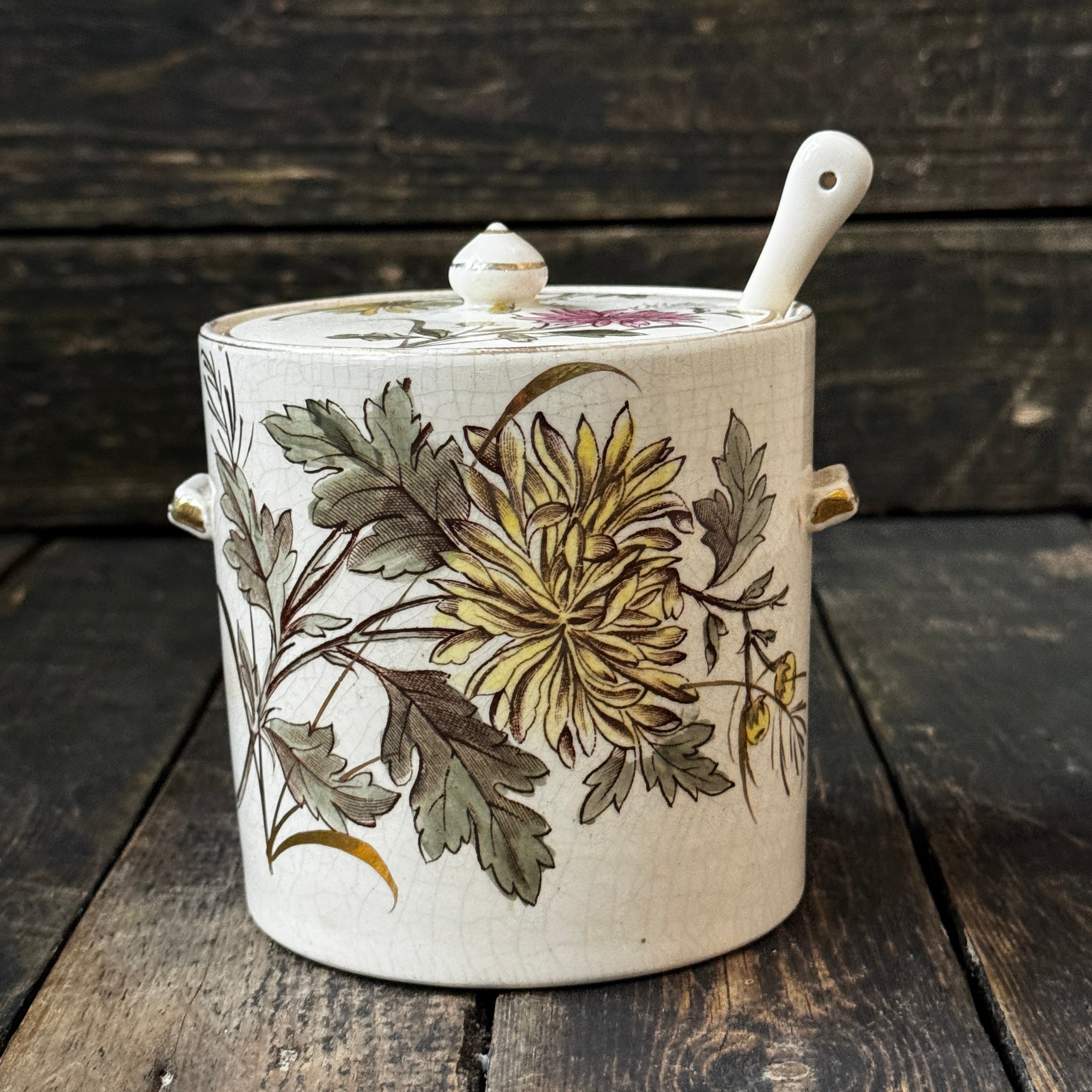 Hand-Painted Chrysanthemum Crackle Glaze Preserve Jar, Lid & Spoon Set