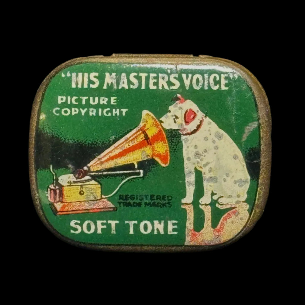 Iconic, collectible early 20th century 'His Master's Voice' tin of gramophone needles (soft tone)