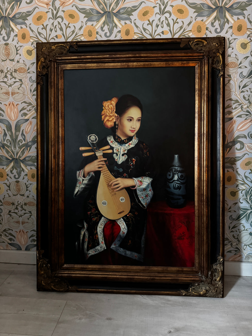 Large original artwork, oil on canvas: young woman playing the liuqin