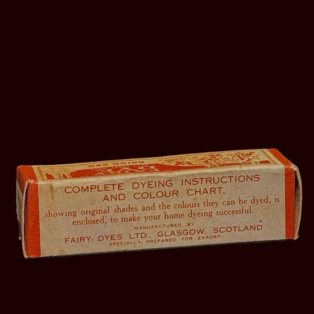 Complete and unused 1940s brick red Fairy Dye in original packaging with instructions, glass vial, etc.