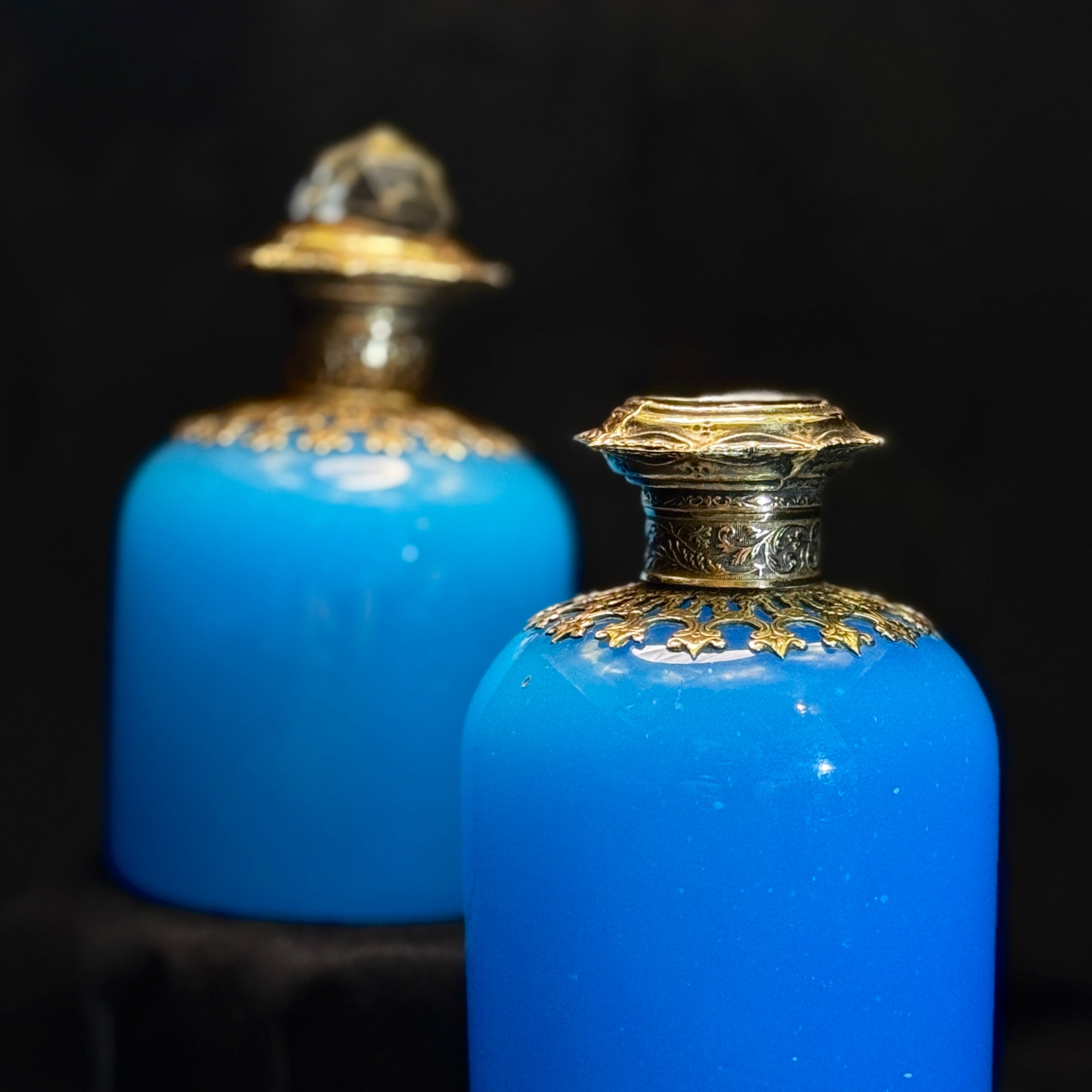 Matching pair of Napoleon III opaline Grand Tour scent bottles