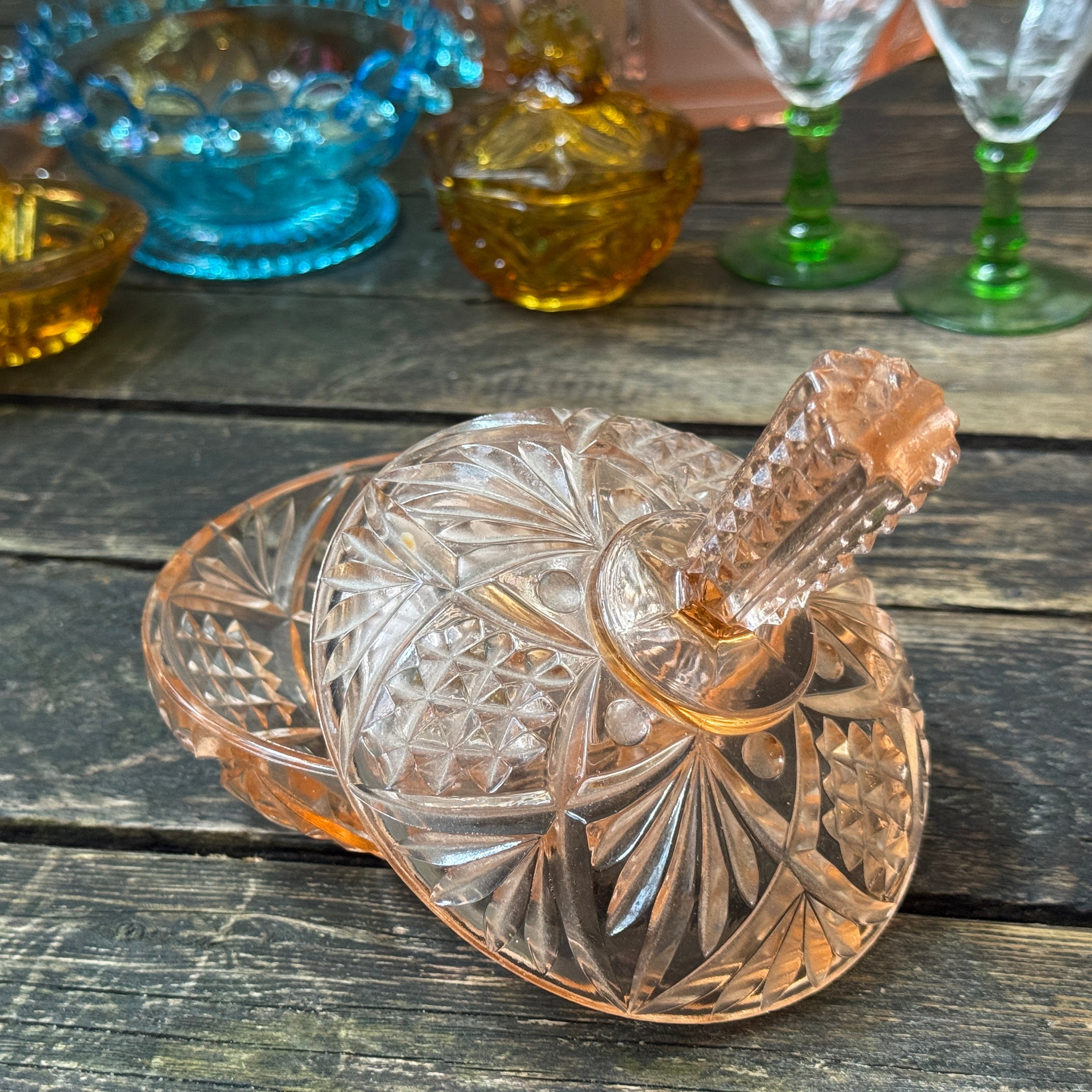 Heavy Lidded Trinket Box, Peach Pressed Glass c.1930s