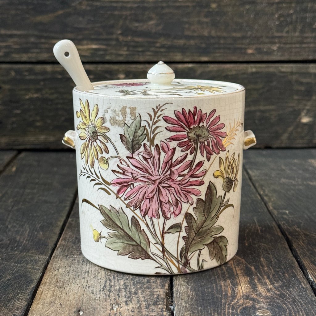 Hand-Painted Chrysanthemum Crackle Glaze Preserve Jar, Lid & Spoon Set