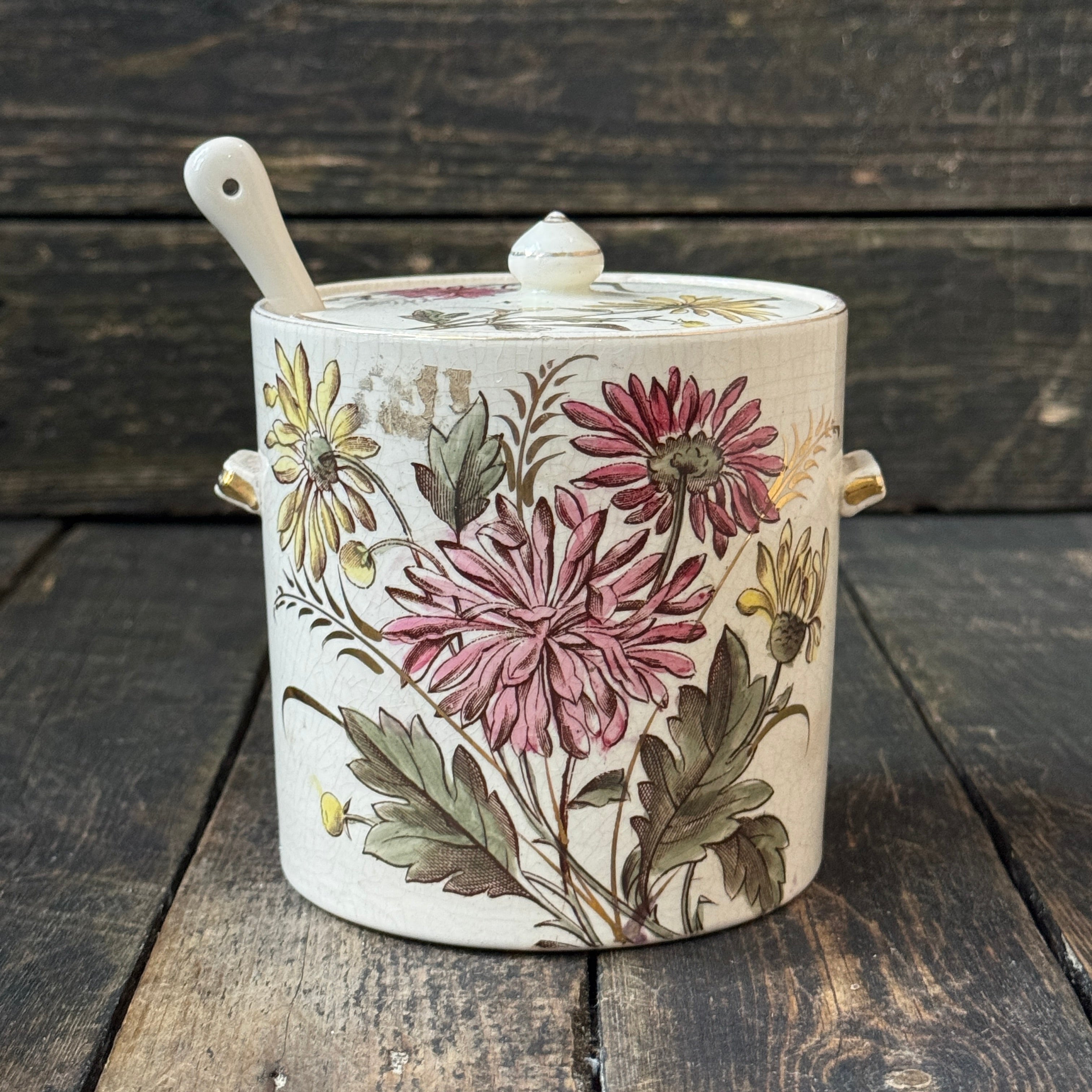 Hand-Painted Chrysanthemum Crackle Glaze Preserve Jar, Lid & Spoon Set
