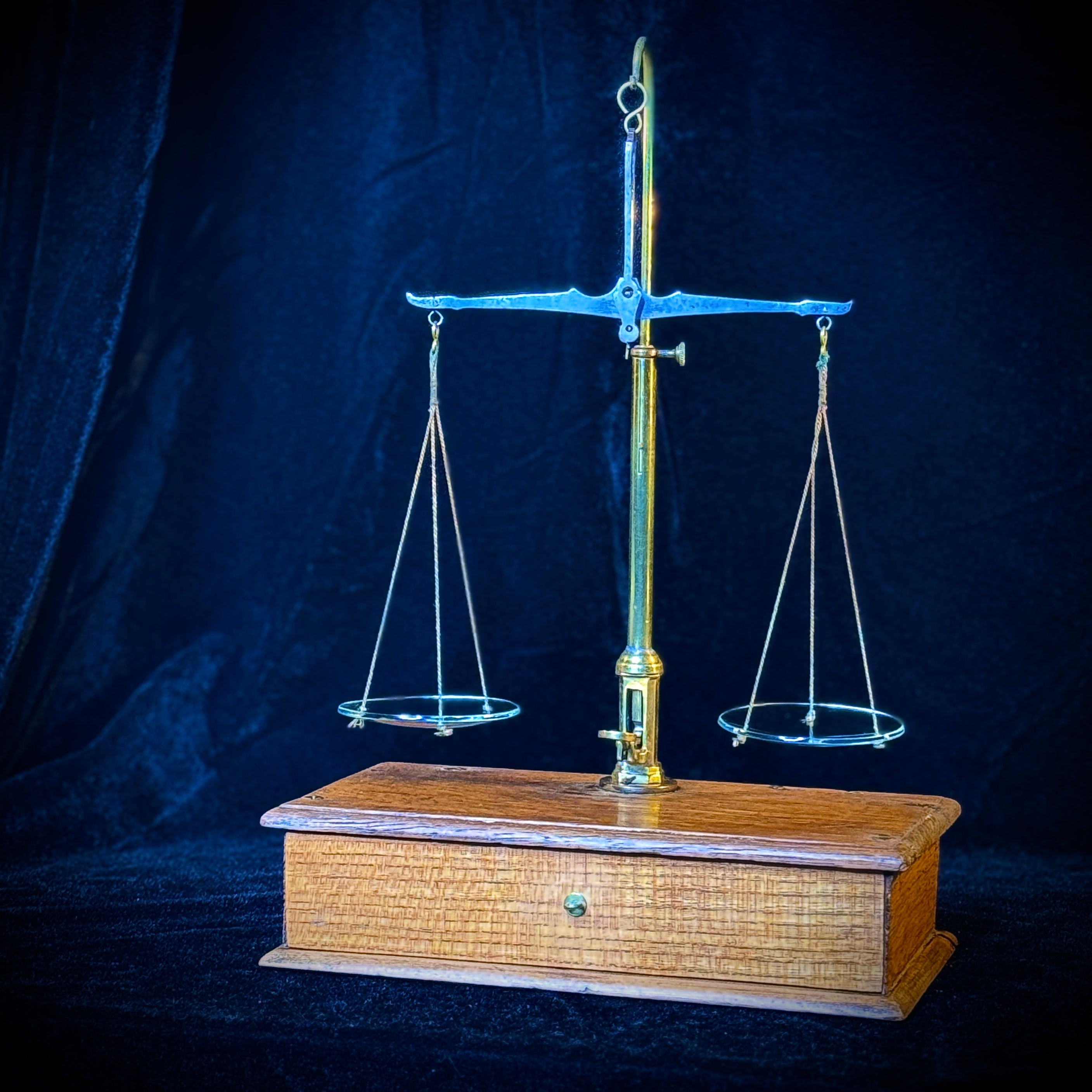 Set of antique apothecary scales in glass-fronted wooden case