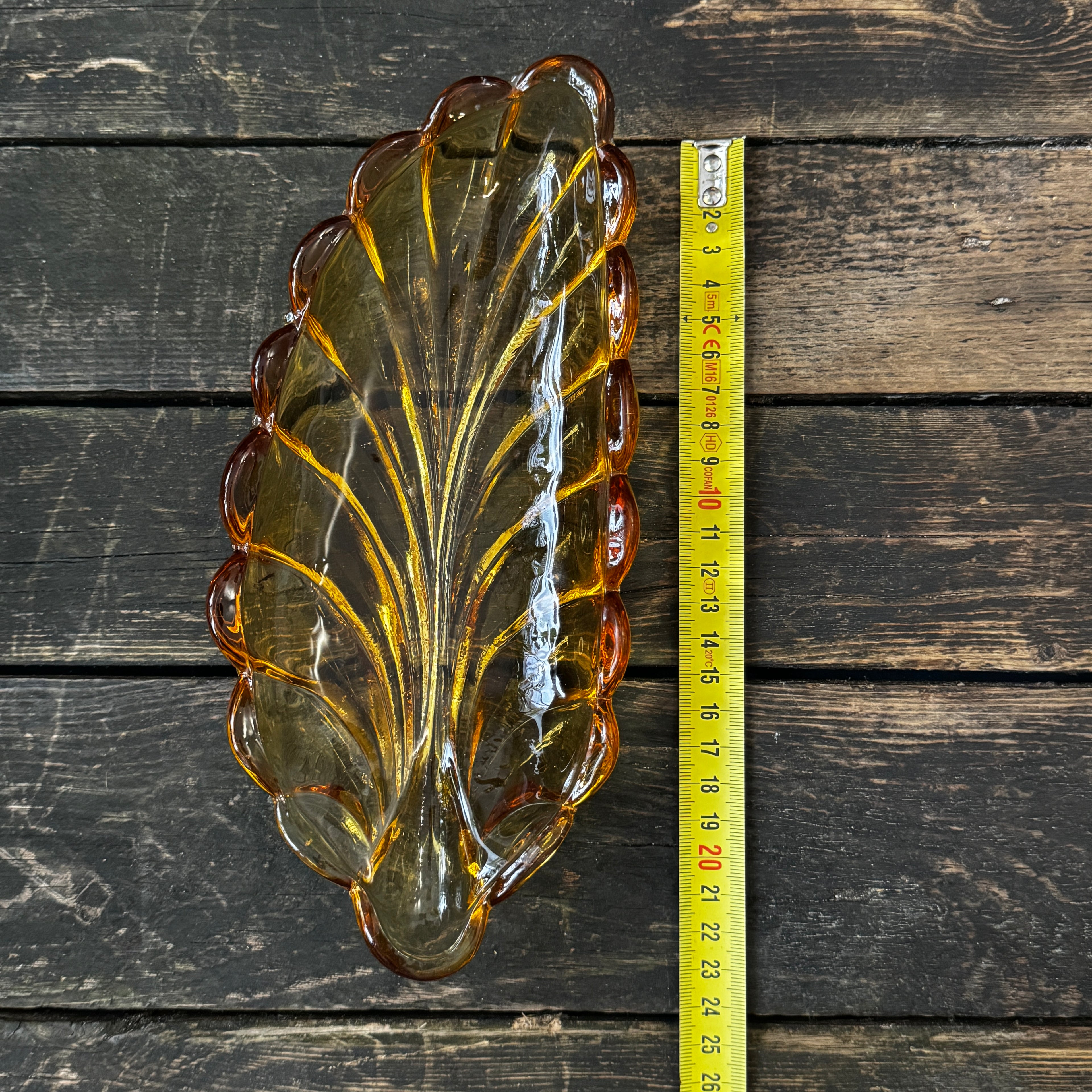 Leaf-formed amber pressed glass Art Deco dish 1930s