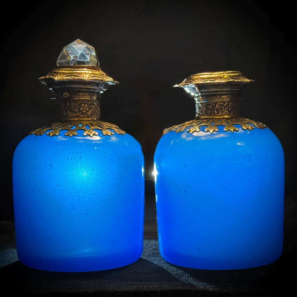 Matching pair of Napoleon III opaline Grand Tour scent bottles
