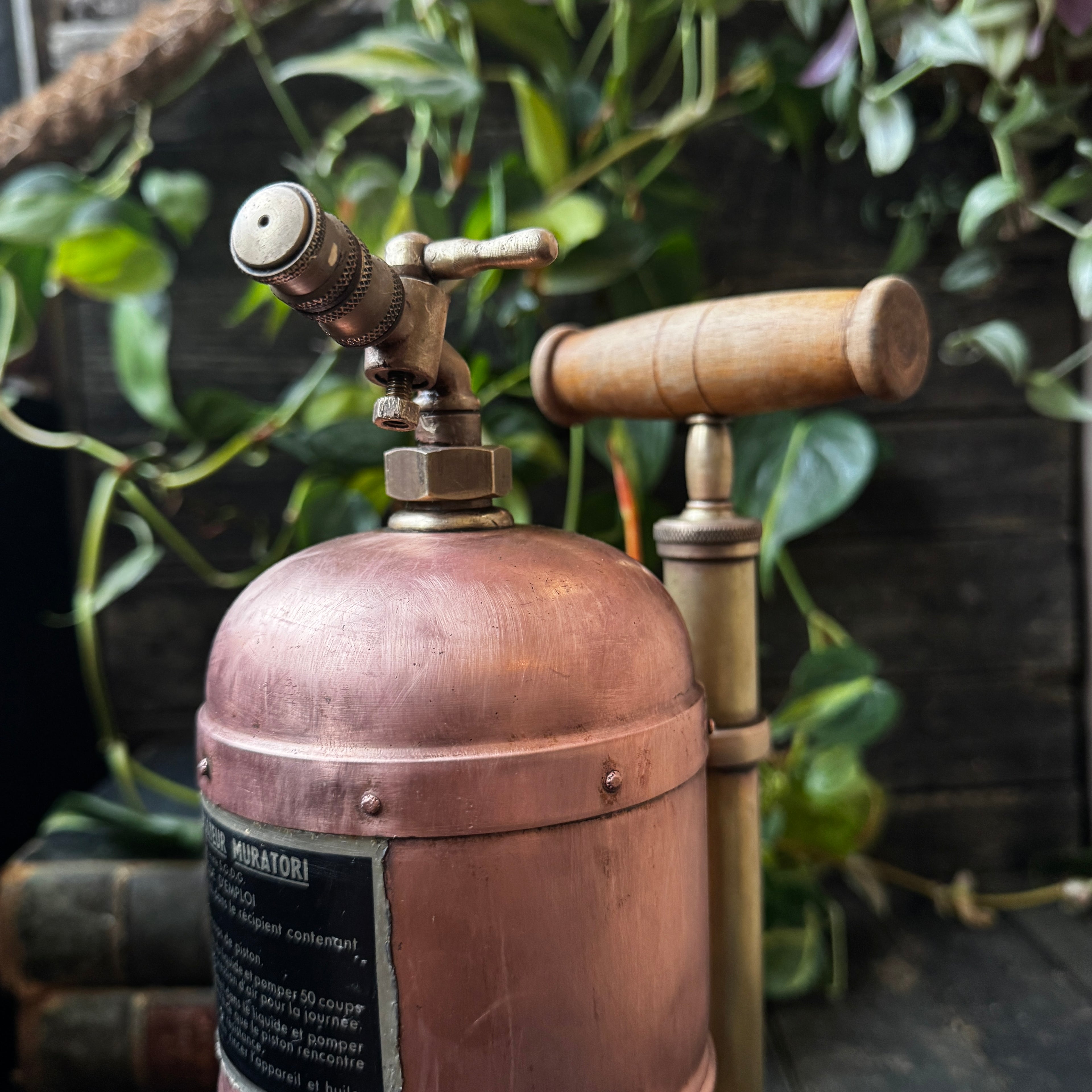 Beautiful 1930s French Muratori Hand Pump Garden Sprayer in Copper and Brass
