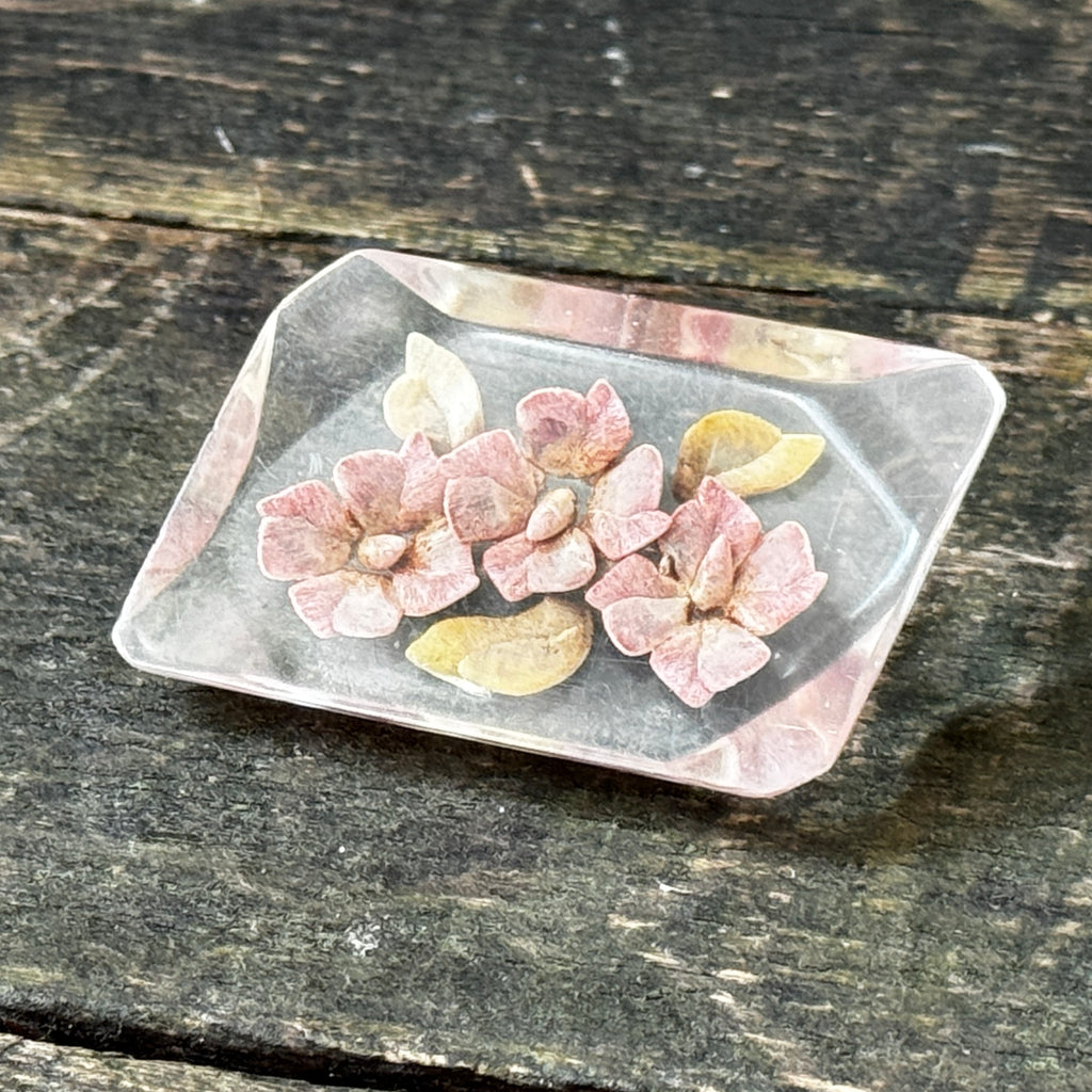 Original 1940s reverse-carved lucite brooch with delicate pink and green flower design