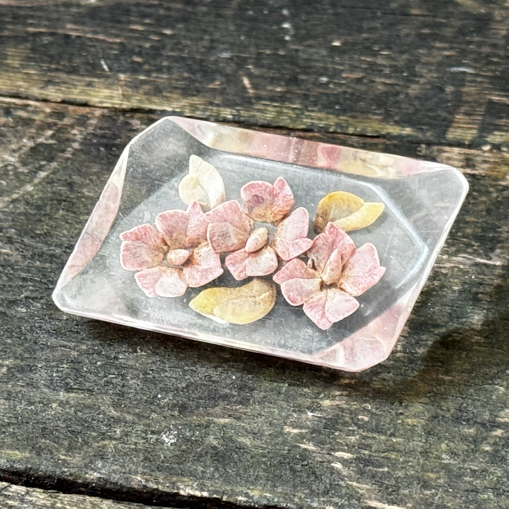 Original 1940s reverse-carved lucite brooch with delicate pink and green flower design