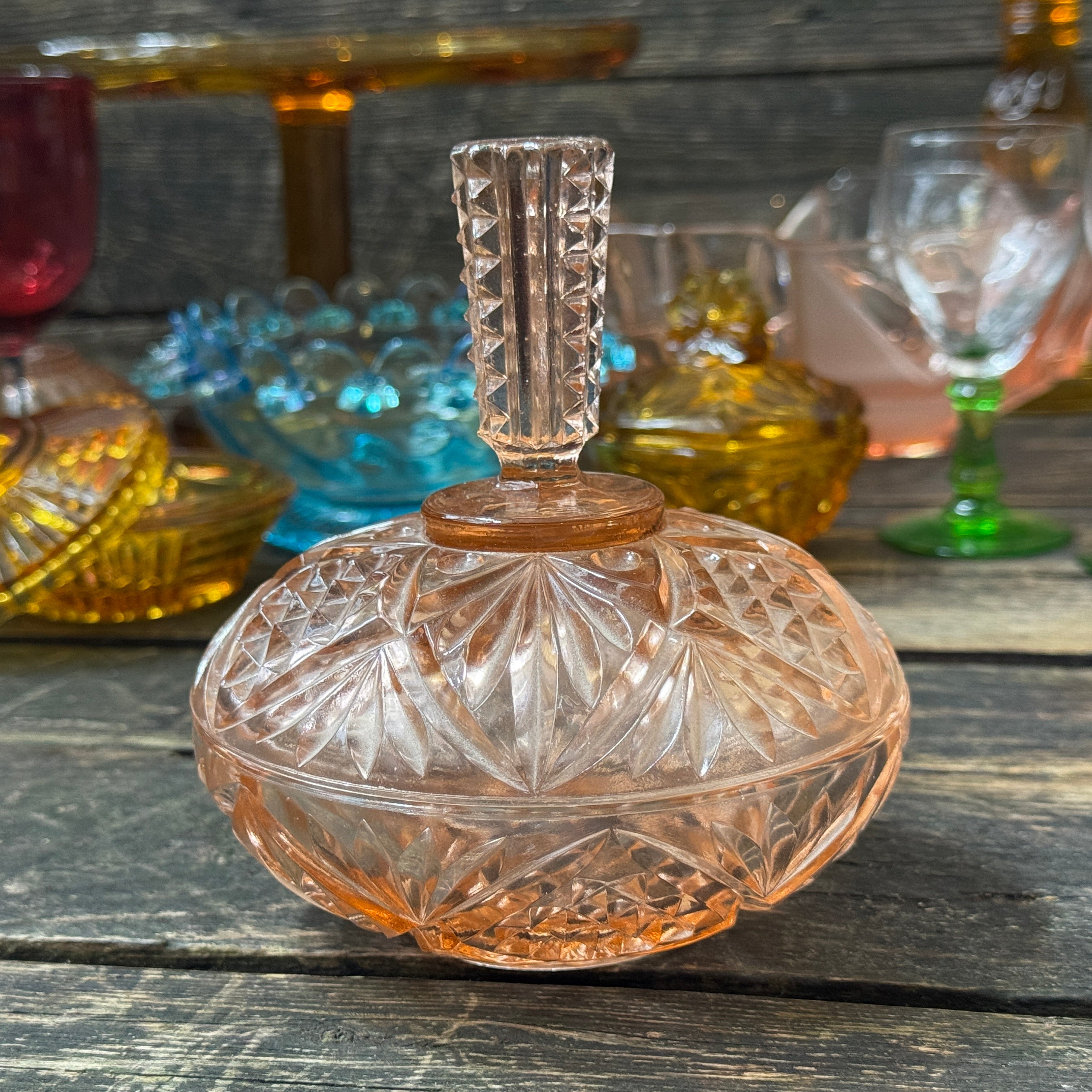 Heavy Lidded Trinket Box, Peach Pressed Glass c.1930s