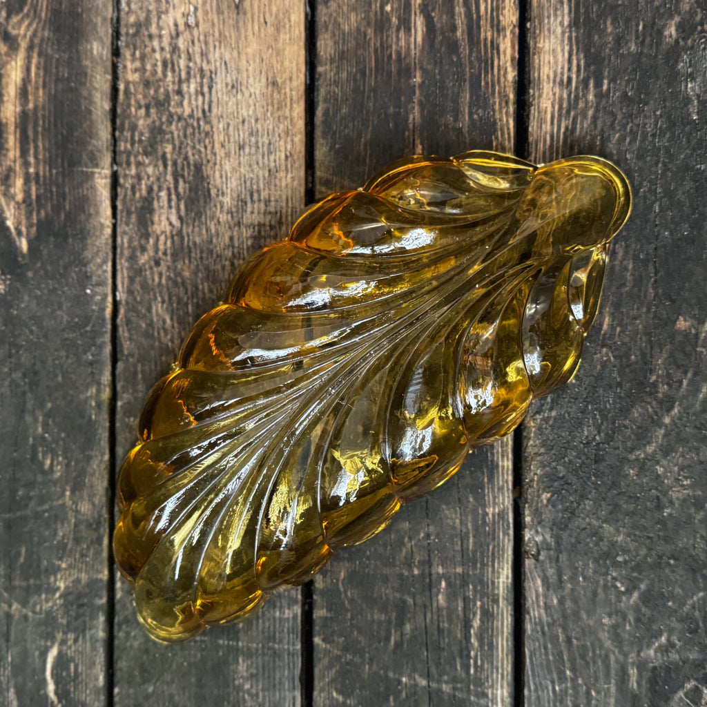 Leaf-formed amber pressed glass Art Deco dish 1930s