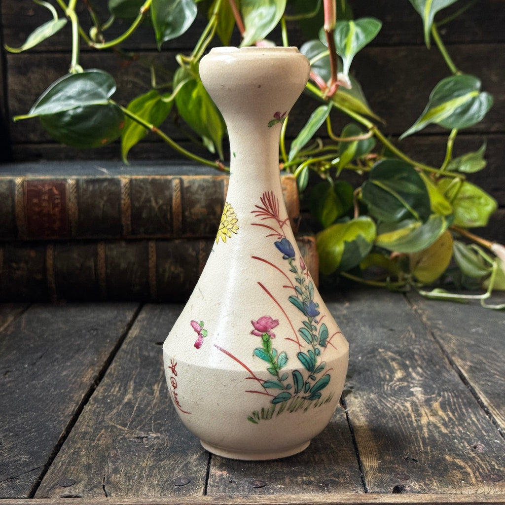 Meiji Period Japanese Satsuma Ware Vase With Cracked Glaze & Hand-Painted Floral Design