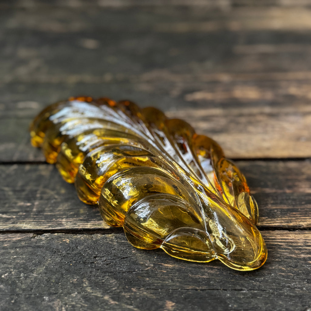 Leaf-formed amber pressed glass Art Deco dish 1930s