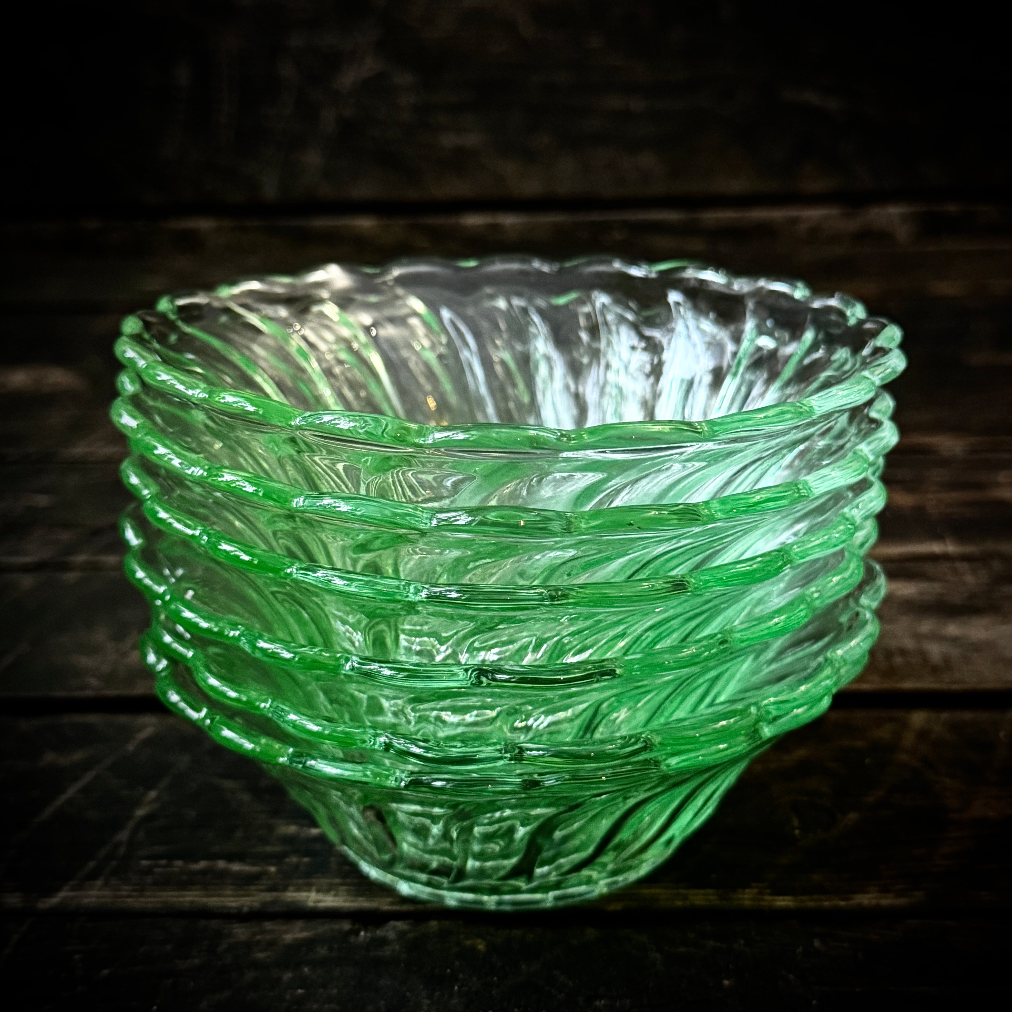 Set of uranium glass bowls, by Bagley, 1930s