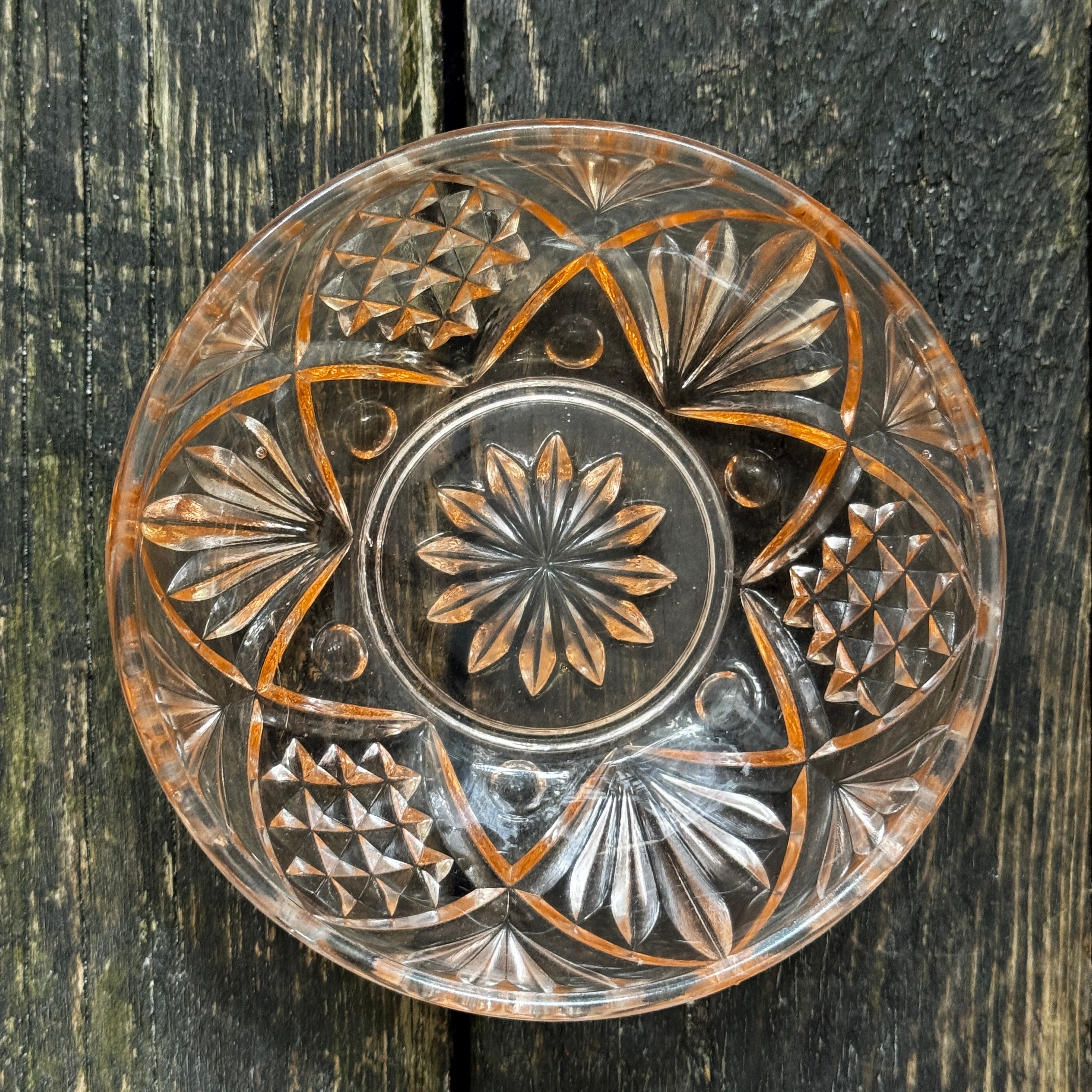 Heavy Lidded Trinket Box, Peach Pressed Glass c.1930s