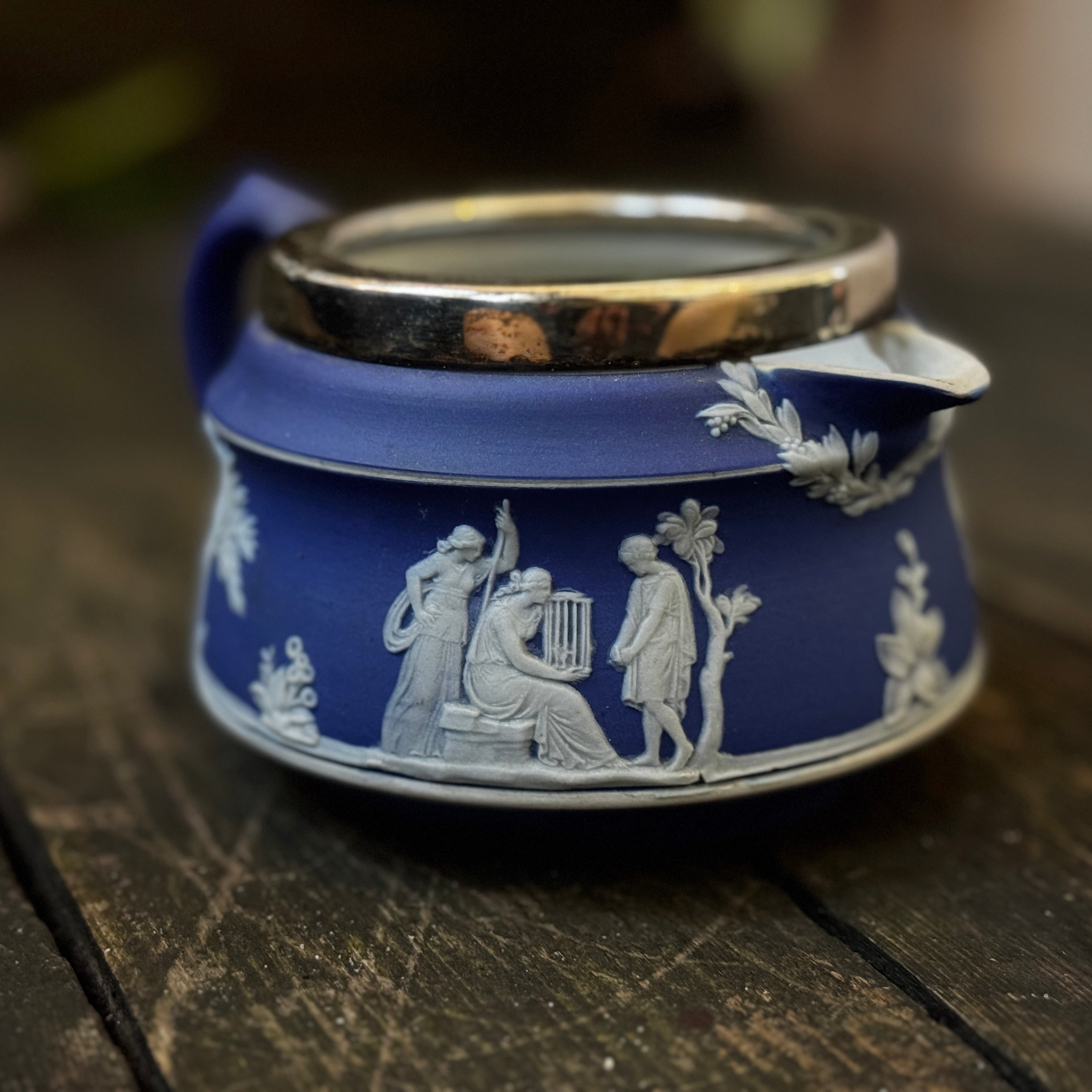 Beautiful late 19th century Wedgewood Jasperware cream jug with silver plated rim