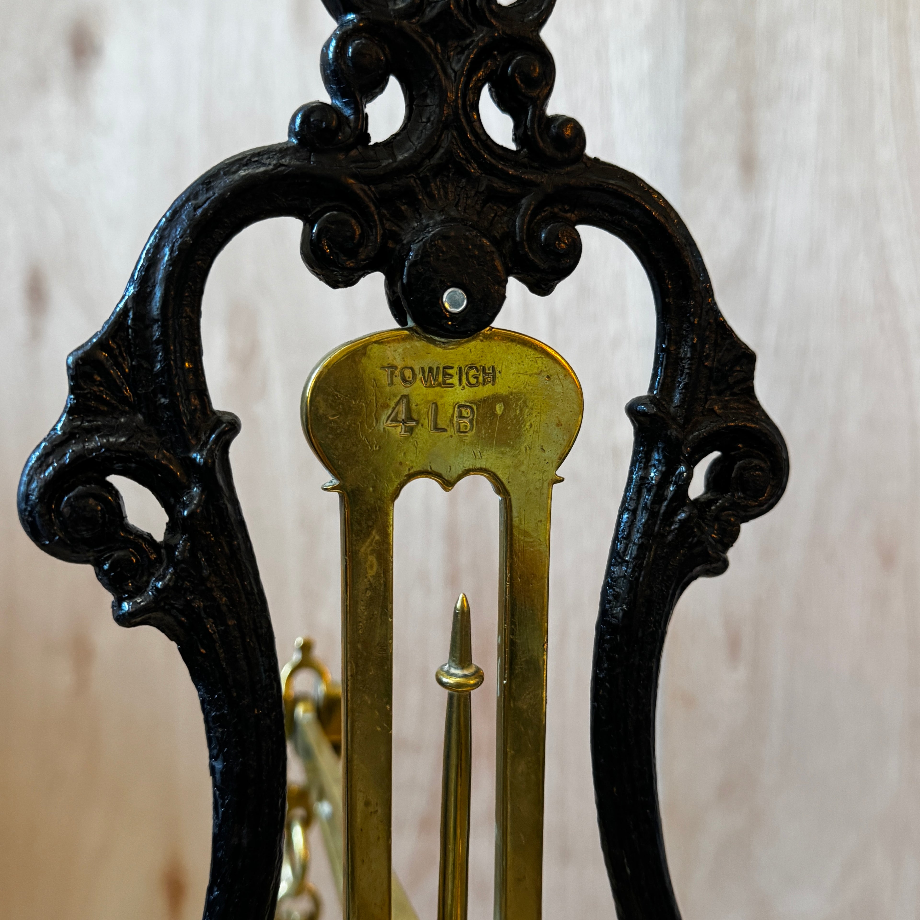 Very large, antique 1880s shop scales. Cast iron and brass with original ceramic weigh plate