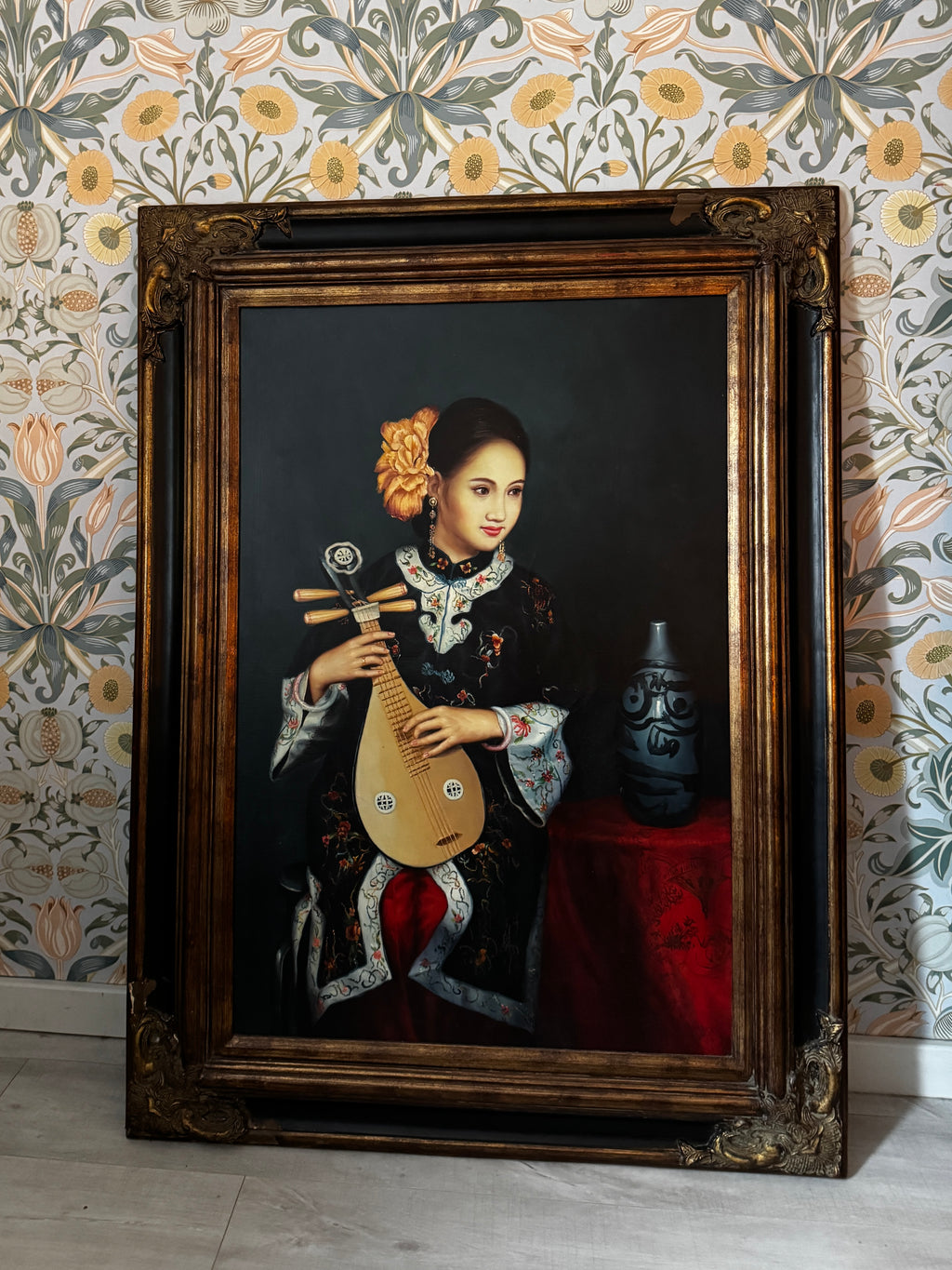 Large original artwork, oil on canvas: young woman playing the liuqin